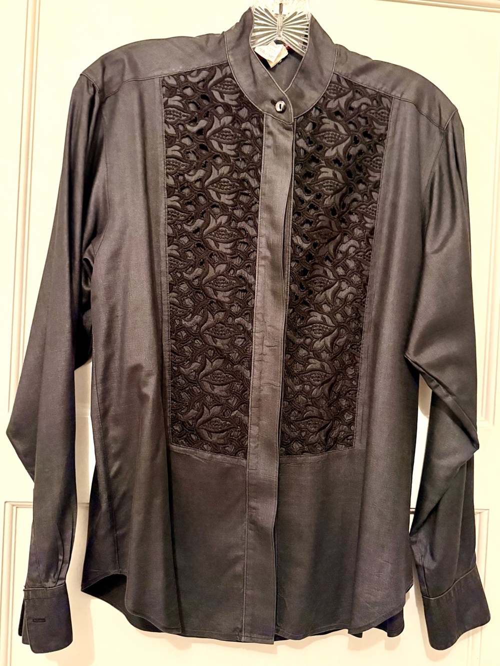 Vintage Kenzo Paris Women's Black Long-Sleeve Silk Shirt with Embroidered Front